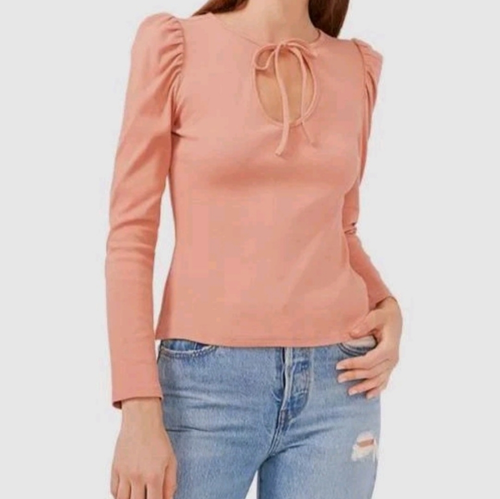 Women's 1. STATE Coral Puff Sleeve Tie Front Long Sleeve Tee Size L